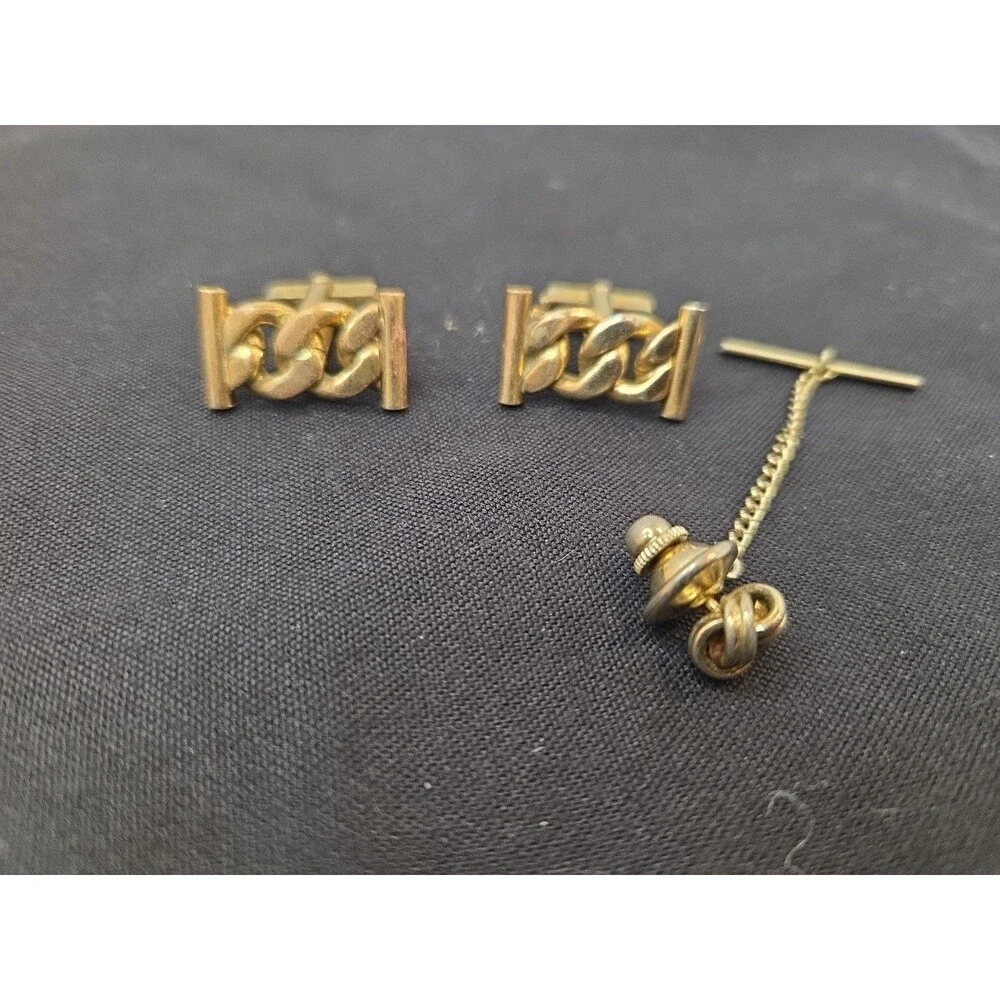 Vintage Ansen Cufflinks With Tie Chain Goldtone